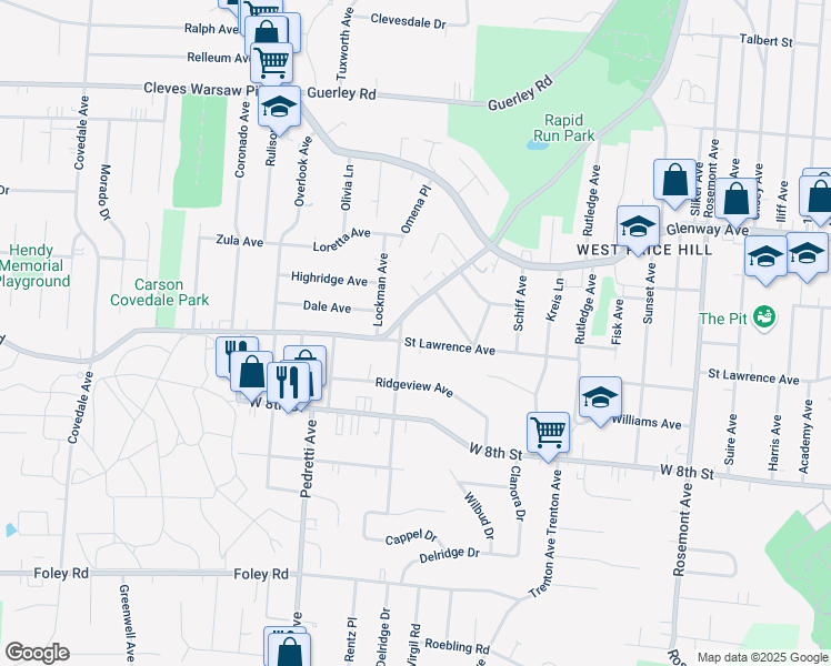 map of restaurants, bars, coffee shops, grocery stores, and more near 4362 Saint Lawrence Avenue in Cincinnati