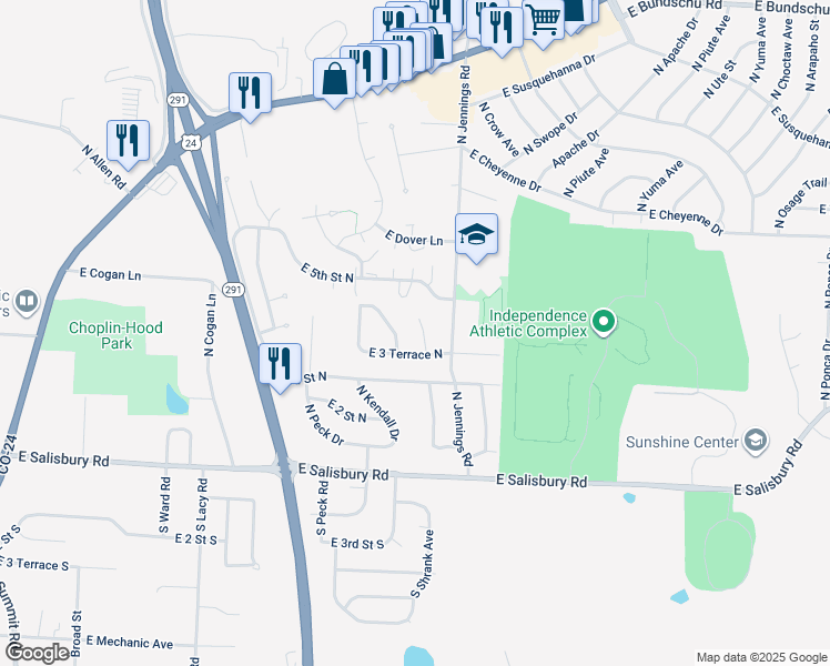 map of restaurants, bars, coffee shops, grocery stores, and more near 336 North Downey Avenue in Independence