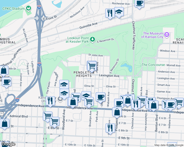 map of restaurants, bars, coffee shops, grocery stores, and more near 2201 Lexington Avenue in Kansas City
