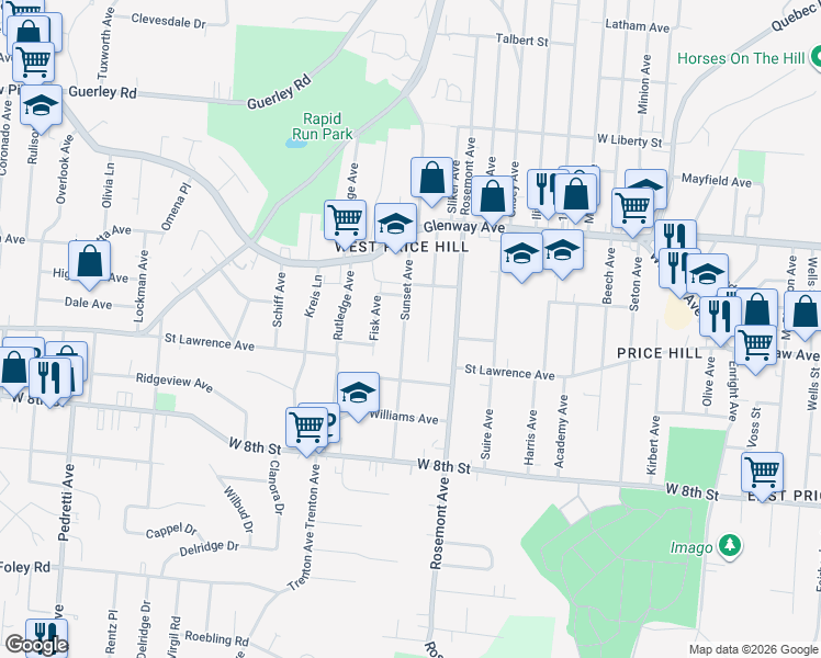 map of restaurants, bars, coffee shops, grocery stores, and more near 1024 Sunset Avenue in Cincinnati