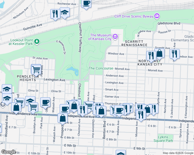 map of restaurants, bars, coffee shops, grocery stores, and more near 316 Benton Boulevard in Kansas City