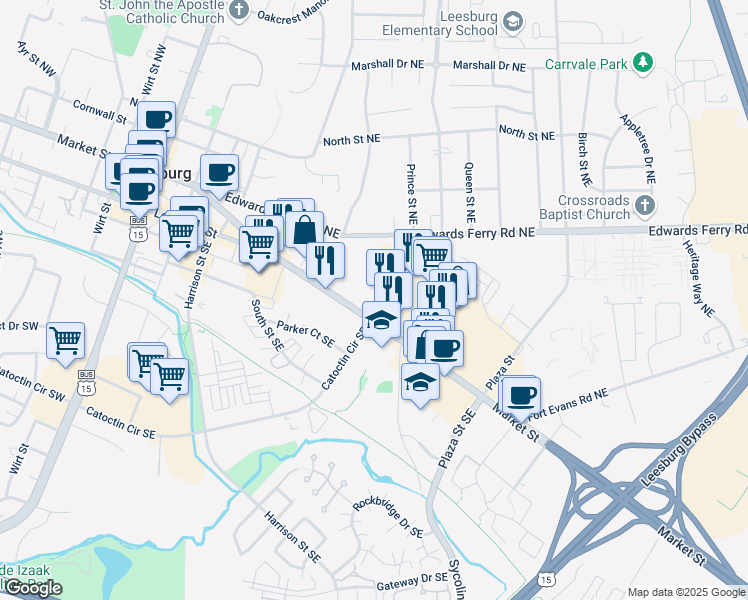 map of restaurants, bars, coffee shops, grocery stores, and more near 10 Catoctin Circle Northeast in Leesburg