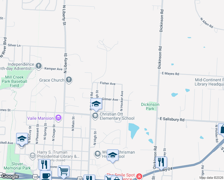 map of restaurants, bars, coffee shops, grocery stores, and more near 1712 North Pearl Street in Independence
