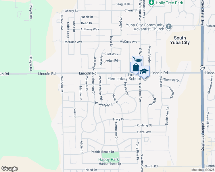 map of restaurants, bars, coffee shops, grocery stores, and more near 1134 Leonard Court in Yuba City