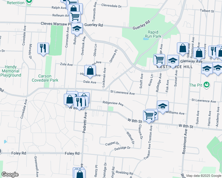 map of restaurants, bars, coffee shops, grocery stores, and more near 4362 Saint Lawrence Avenue in Cincinnati