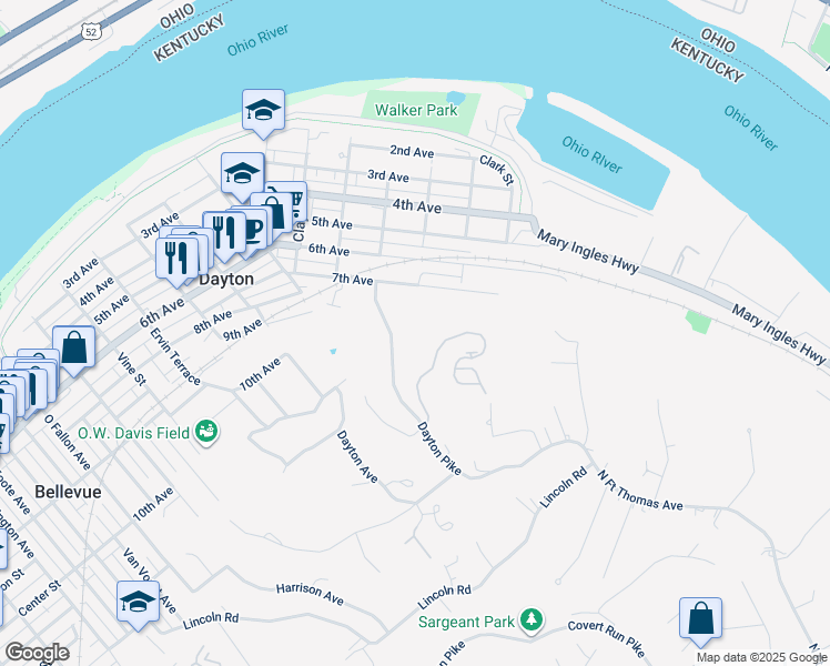 map of restaurants, bars, coffee shops, grocery stores, and more near 358 Riverpointe Drive in Dayton