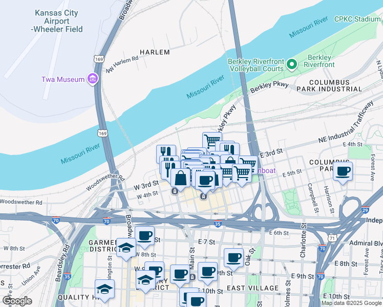 map of restaurants, bars, coffee shops, grocery stores, and more near 140 Walnut Street in Kansas City