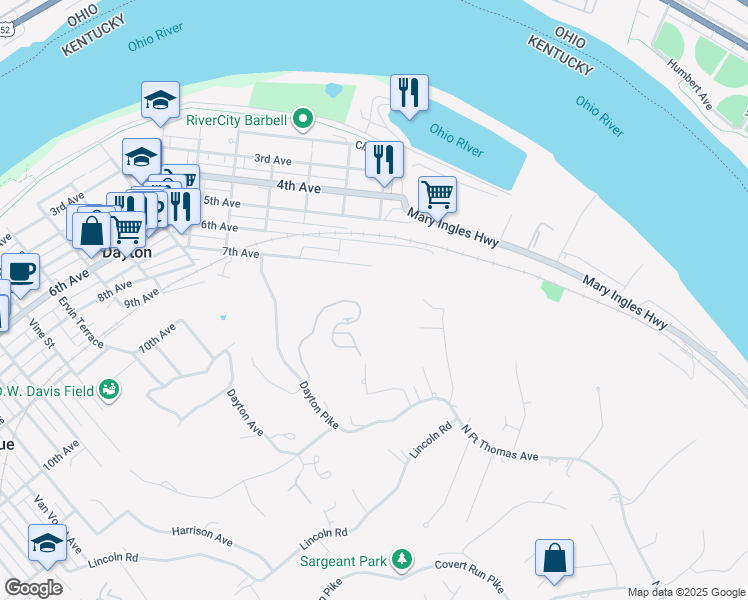 map of restaurants, bars, coffee shops, grocery stores, and more near 440 Riverpointe Drive in Dayton
