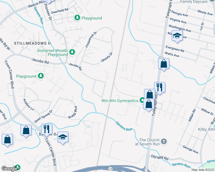 map of restaurants, bars, coffee shops, grocery stores, and more near 8703 Downey Road in Severn