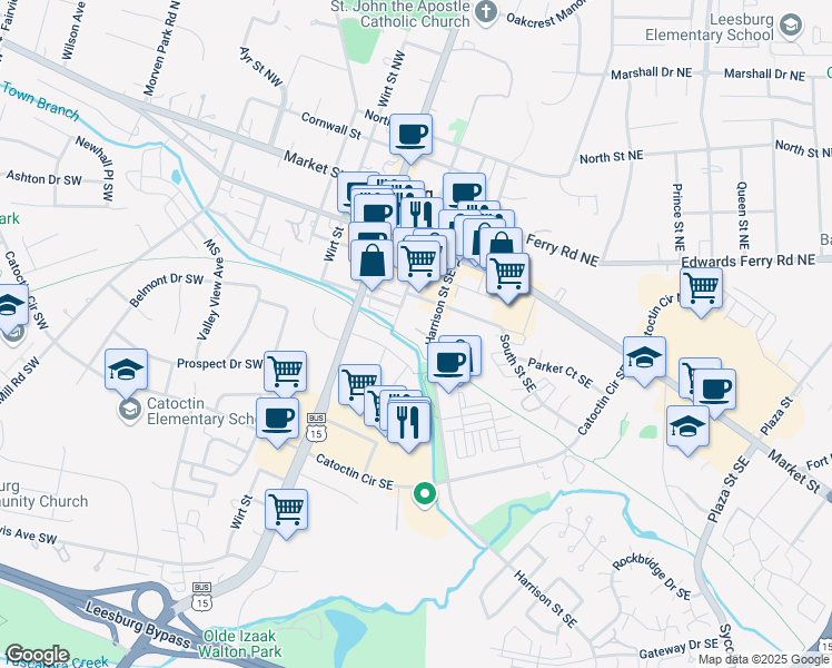 map of restaurants, bars, coffee shops, grocery stores, and more near 343 Harrison Street Southeast in Leesburg