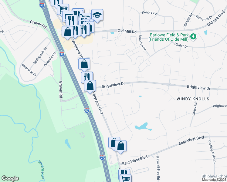 map of restaurants, bars, coffee shops, grocery stores, and more near 112 Arrowhead Dr in Severna Park