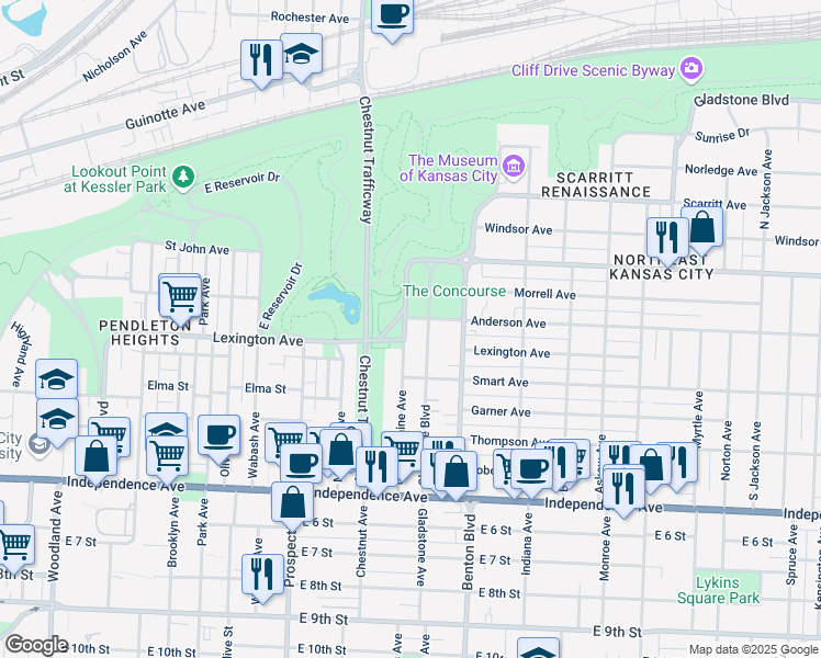 map of restaurants, bars, coffee shops, grocery stores, and more near 305 Bellefontaine Avenue in Kansas City