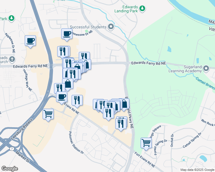 map of restaurants, bars, coffee shops, grocery stores, and more near 1501 Edwards Ferry Road Northeast in Leesburg