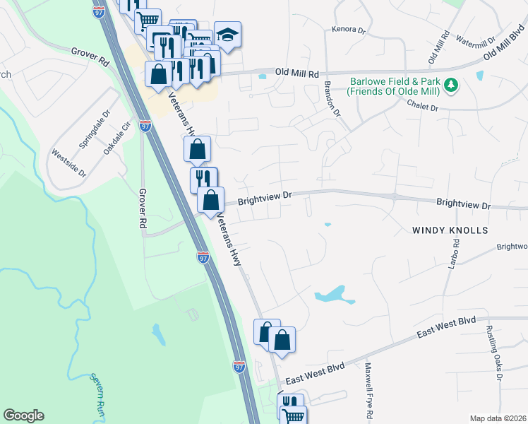 map of restaurants, bars, coffee shops, grocery stores, and more near 112 Arrowhead Dr in Severna Park