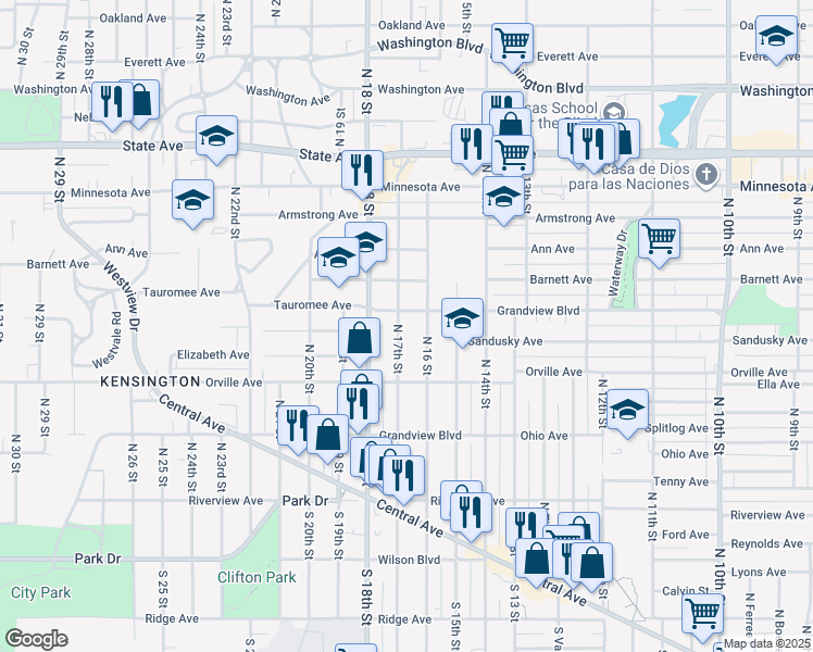 map of restaurants, bars, coffee shops, grocery stores, and more near 440 North 17th Street in Kansas City