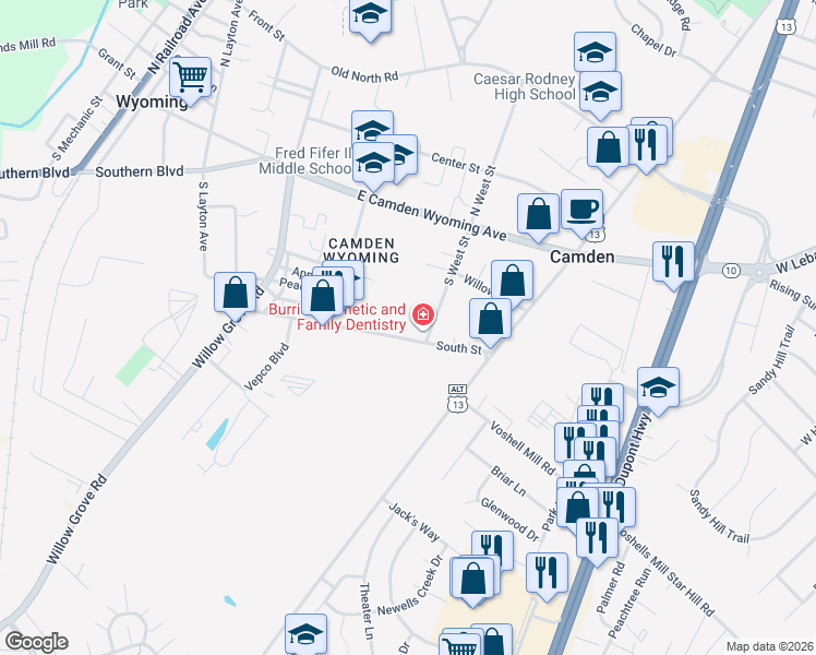 map of restaurants, bars, coffee shops, grocery stores, and more near 185 East Camden Wyoming Avenue in Camden