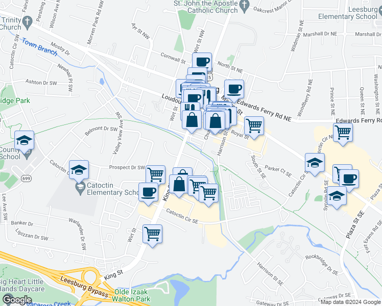 map of restaurants, bars, coffee shops, grocery stores, and more near 8 Monroe Street Southeast in Leesburg