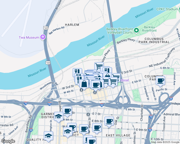 map of restaurants, bars, coffee shops, grocery stores, and more near 108 Walnut Street in Kansas City