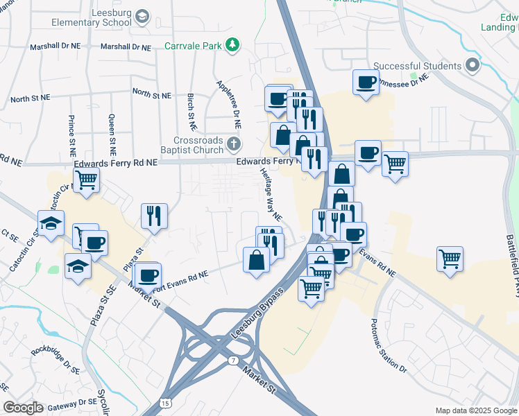 map of restaurants, bars, coffee shops, grocery stores, and more near 163 Cedar Walk Circle Northeast in Leesburg