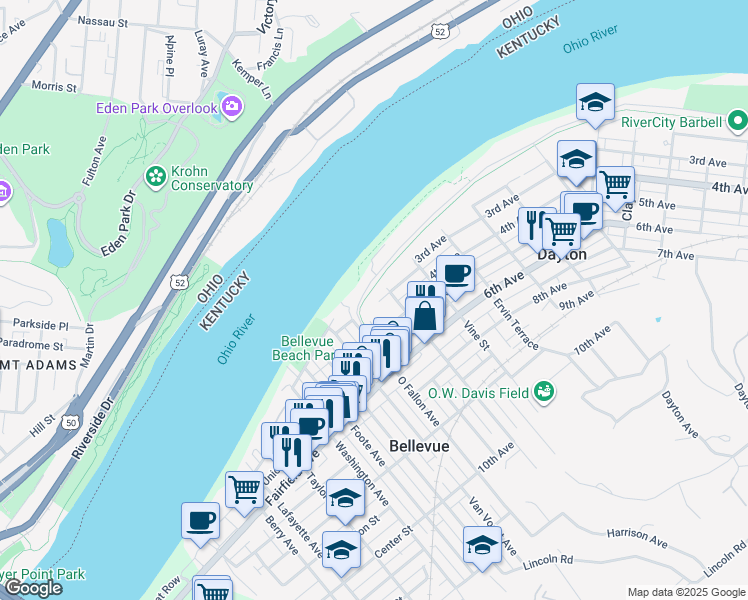 map of restaurants, bars, coffee shops, grocery stores, and more near 100 O Fallon Avenue in Dayton