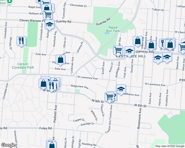 map of restaurants, bars, coffee shops, grocery stores, and more near 4501 Clearview Avenue in Cincinnati