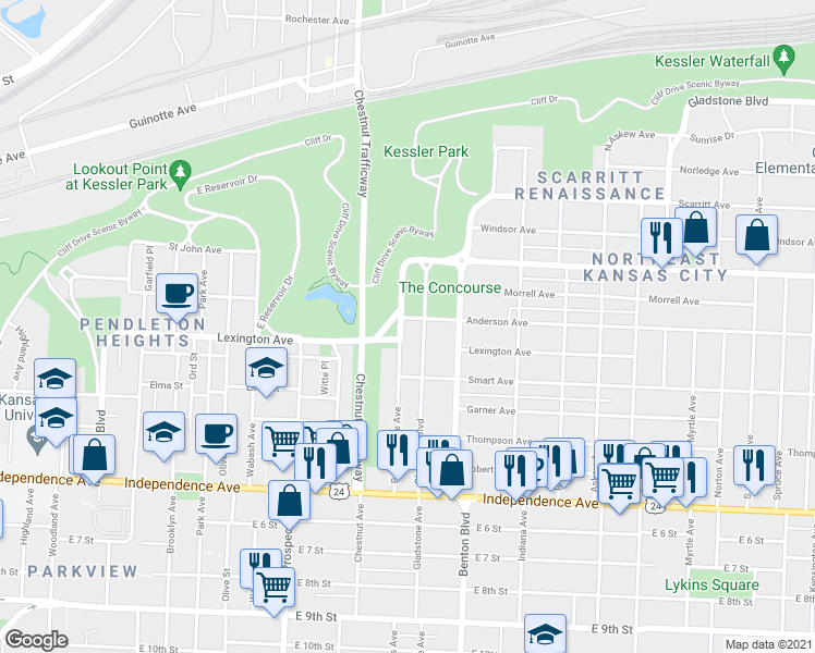 map of restaurants, bars, coffee shops, grocery stores, and more near 311 Bellefontaine Avenue in Kansas City