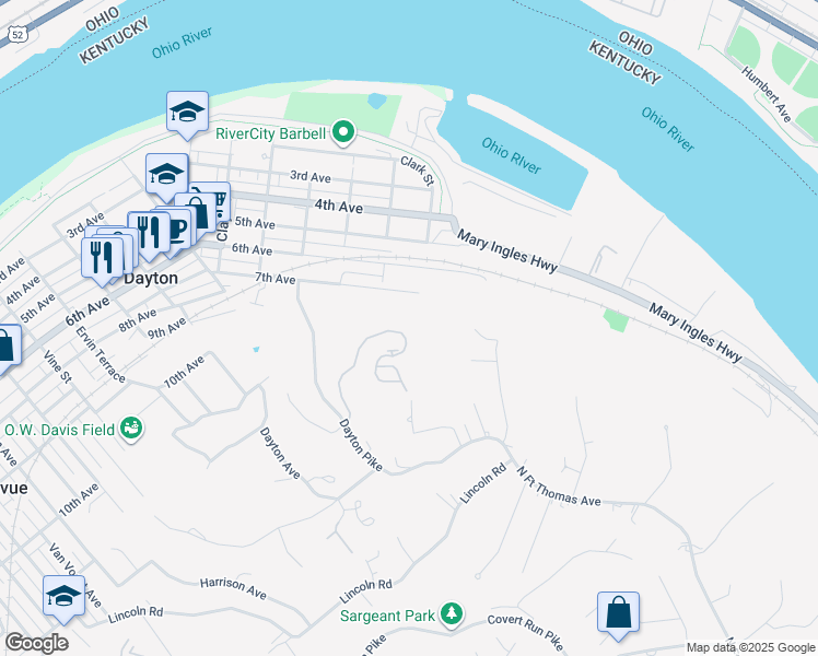 map of restaurants, bars, coffee shops, grocery stores, and more near 440 Riverpointe Drive in Dayton