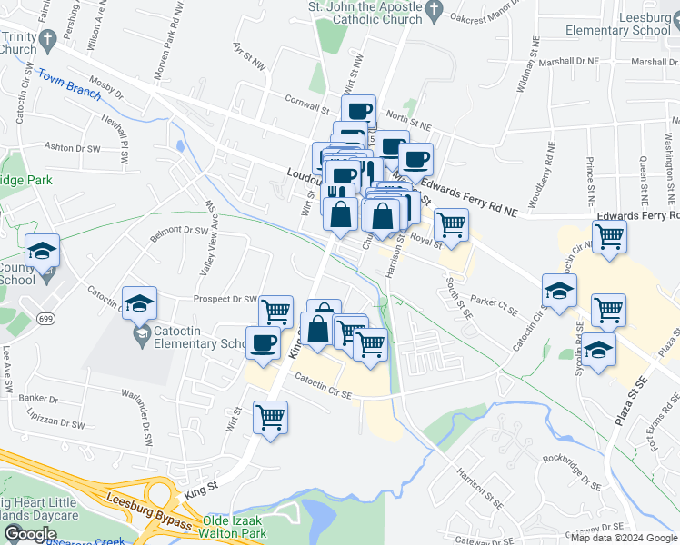 map of restaurants, bars, coffee shops, grocery stores, and more near 6 Monroe Street Southeast in Leesburg