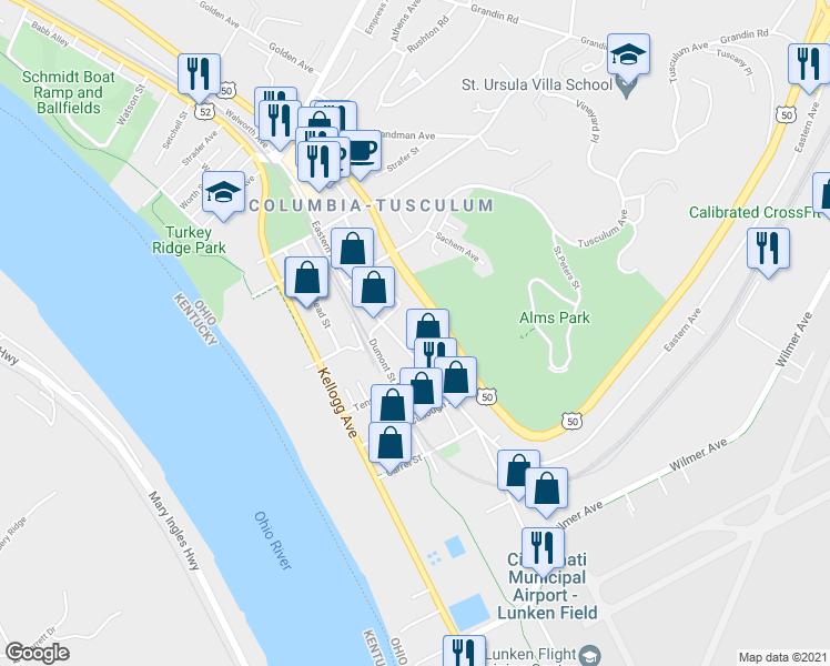 map of restaurants, bars, coffee shops, grocery stores, and more near 315 Stites Avenue in Cincinnati