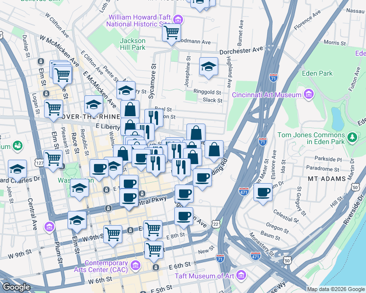 map of restaurants, bars, coffee shops, grocery stores, and more near in Cincinnati