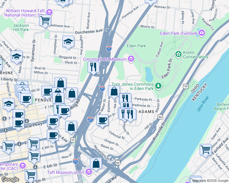 map of restaurants, bars, coffee shops, grocery stores, and more near 1264 Elsinore Avenue in Cincinnati