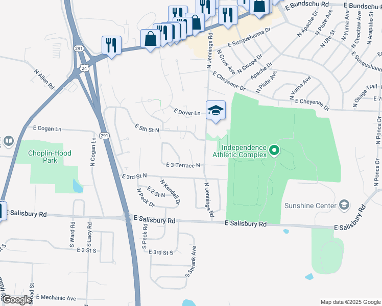map of restaurants, bars, coffee shops, grocery stores, and more near 345 North Gilbert Street in Independence
