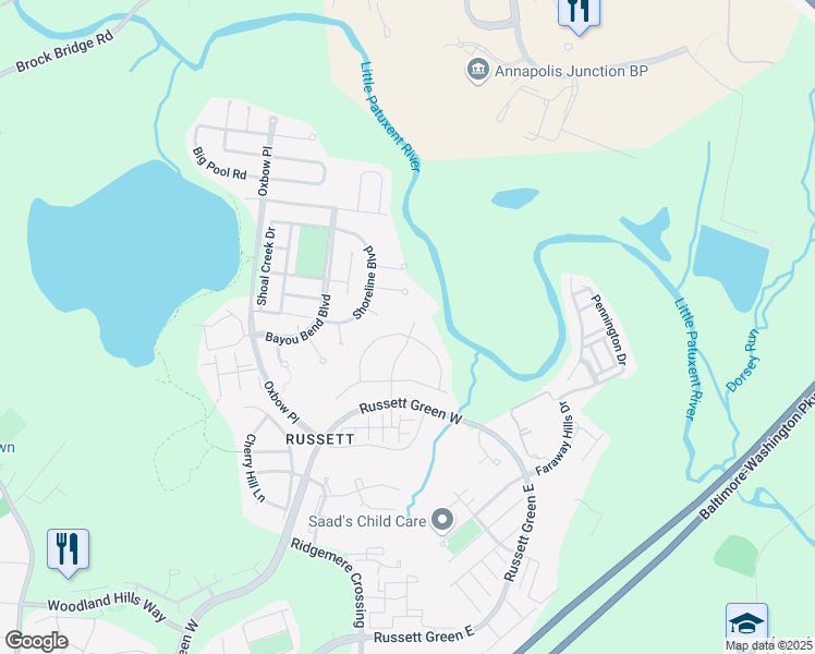 map of restaurants, bars, coffee shops, grocery stores, and more near 26 Little River Road in Laurel