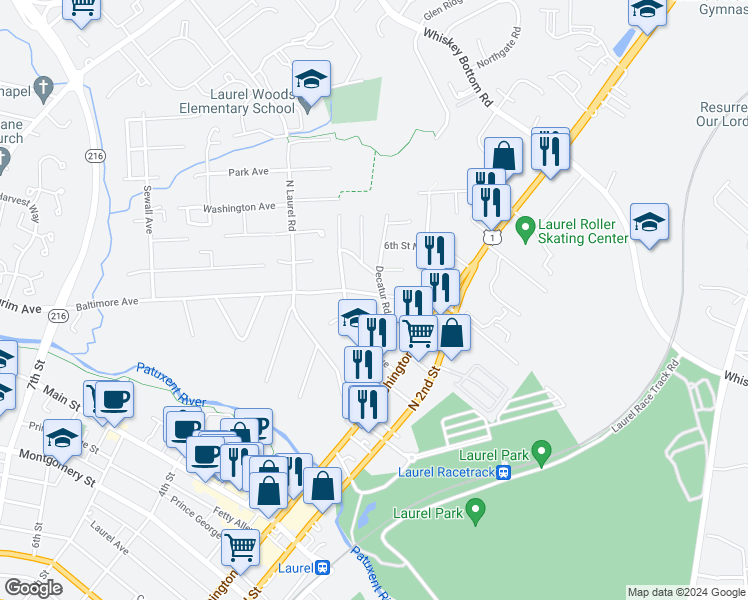 map of restaurants, bars, coffee shops, grocery stores, and more near 9405 3rd Street North in Laurel