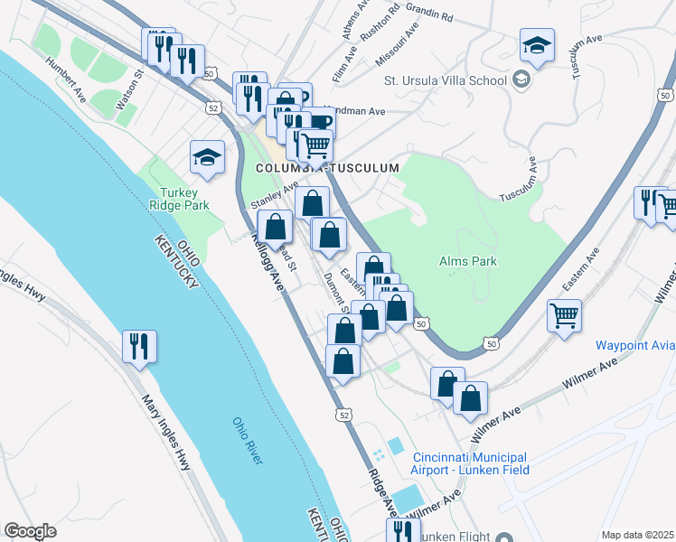 map of restaurants, bars, coffee shops, grocery stores, and more near 3807 Eastern Avenue in Cincinnati
