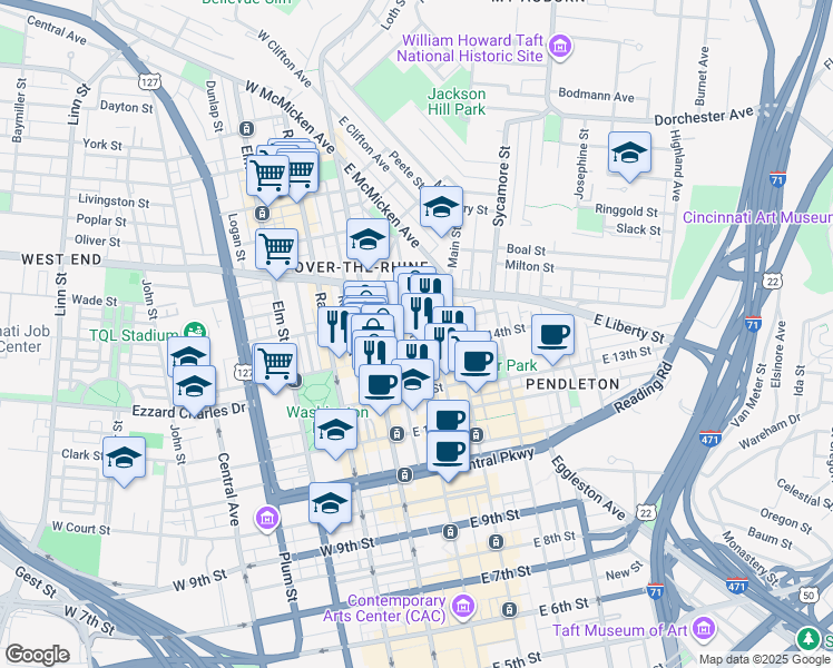 map of restaurants, bars, coffee shops, grocery stores, and more near 1404 Walnut Street in Cincinnati
