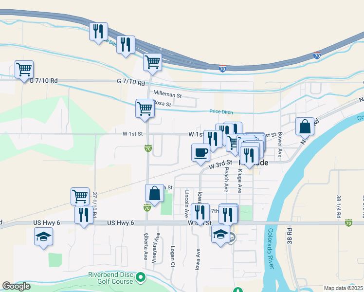 map of restaurants, bars, coffee shops, grocery stores, and more near 209 Crawford Lane in Palisade