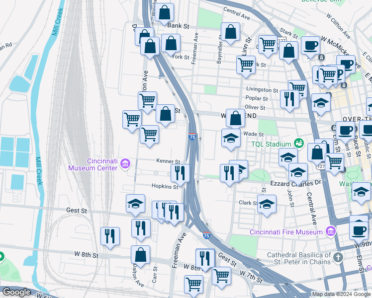 map of restaurants, bars, coffee shops, grocery stores, and more near 1437 Western Avenue in Cincinnati