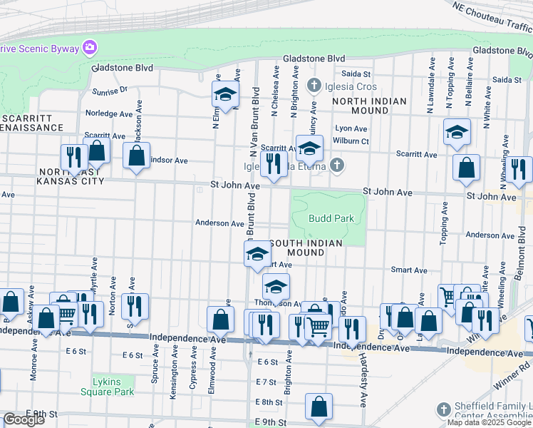 map of restaurants, bars, coffee shops, grocery stores, and more near 134 Chelsea Avenue in Kansas City