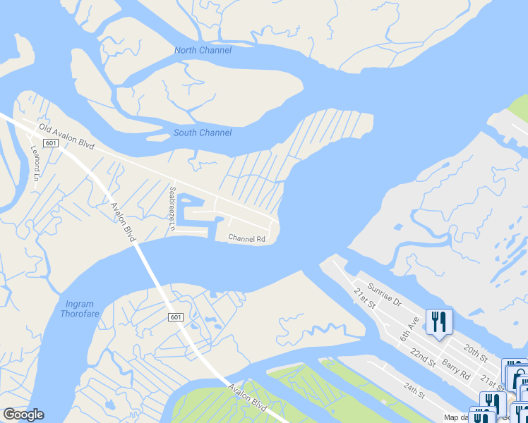 map of restaurants, bars, coffee shops, grocery stores, and more near 718 Old Avalon Boulevard in Avalon