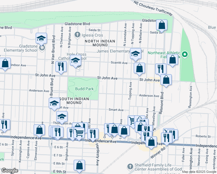 map of restaurants, bars, coffee shops, grocery stores, and more near 131 Drury Avenue in Kansas City