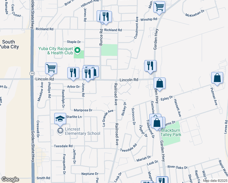 map of restaurants, bars, coffee shops, grocery stores, and more near 1111 Railroad Avenue in Yuba City