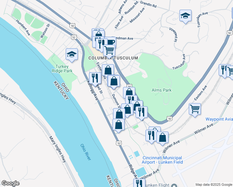 map of restaurants, bars, coffee shops, grocery stores, and more near 3807 Eastern Avenue in Cincinnati