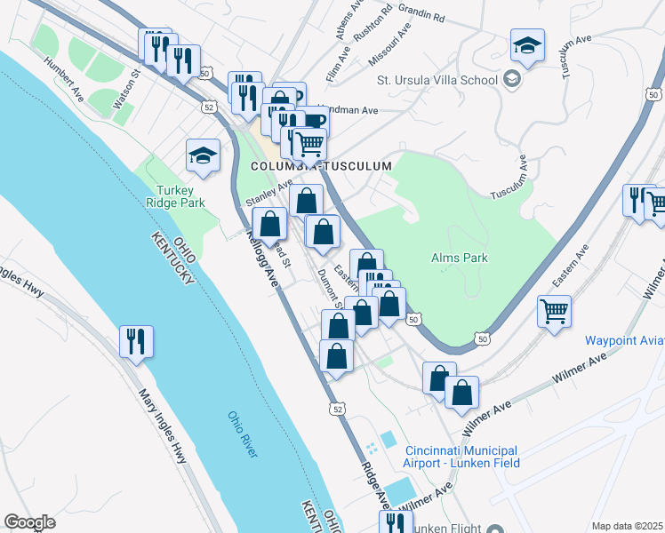 map of restaurants, bars, coffee shops, grocery stores, and more near in Cincinnati