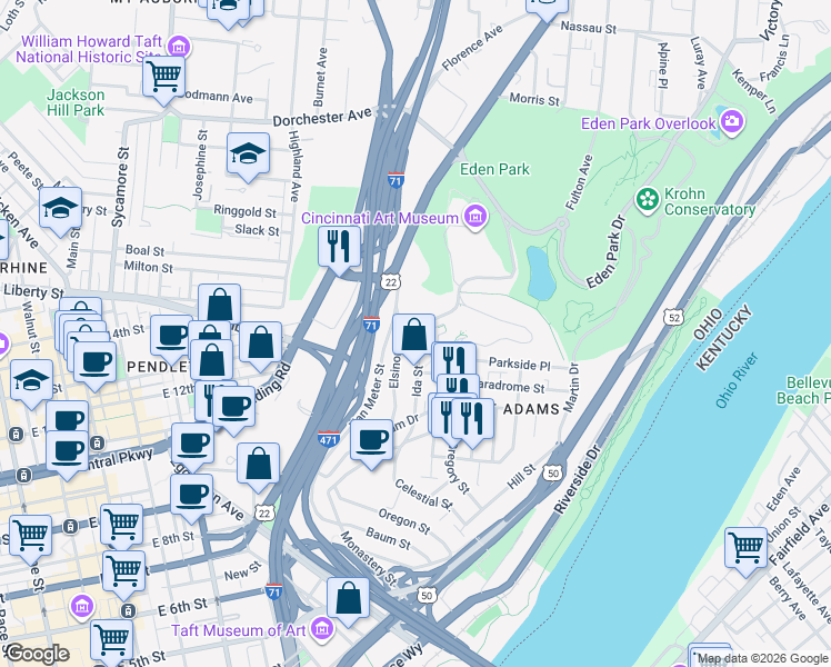 map of restaurants, bars, coffee shops, grocery stores, and more near 1264 Elsinore Avenue in Cincinnati