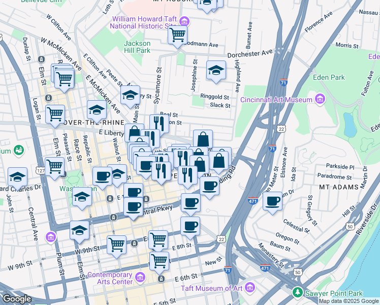 map of restaurants, bars, coffee shops, grocery stores, and more near in Cincinnati