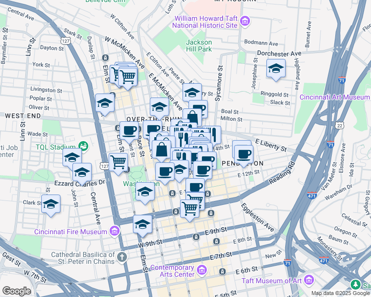 map of restaurants, bars, coffee shops, grocery stores, and more near 1335 Clay Street in Cincinnati