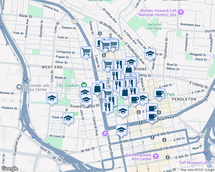 map of restaurants, bars, coffee shops, grocery stores, and more near 1429 Elm Street in Cincinnati
