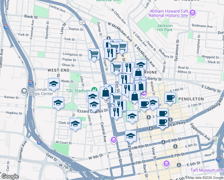 map of restaurants, bars, coffee shops, grocery stores, and more near in Cincinnati