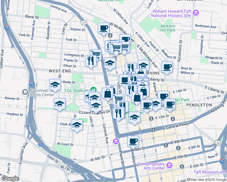 map of restaurants, bars, coffee shops, grocery stores, and more near in Cincinnati
